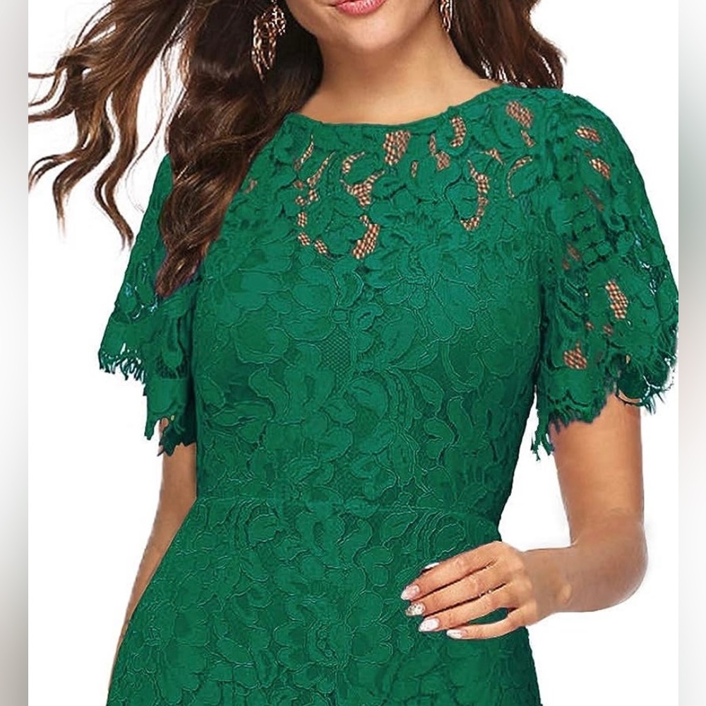 NWOT!! Elegant Round Neck V-Back Lace Floral A Line Dress
